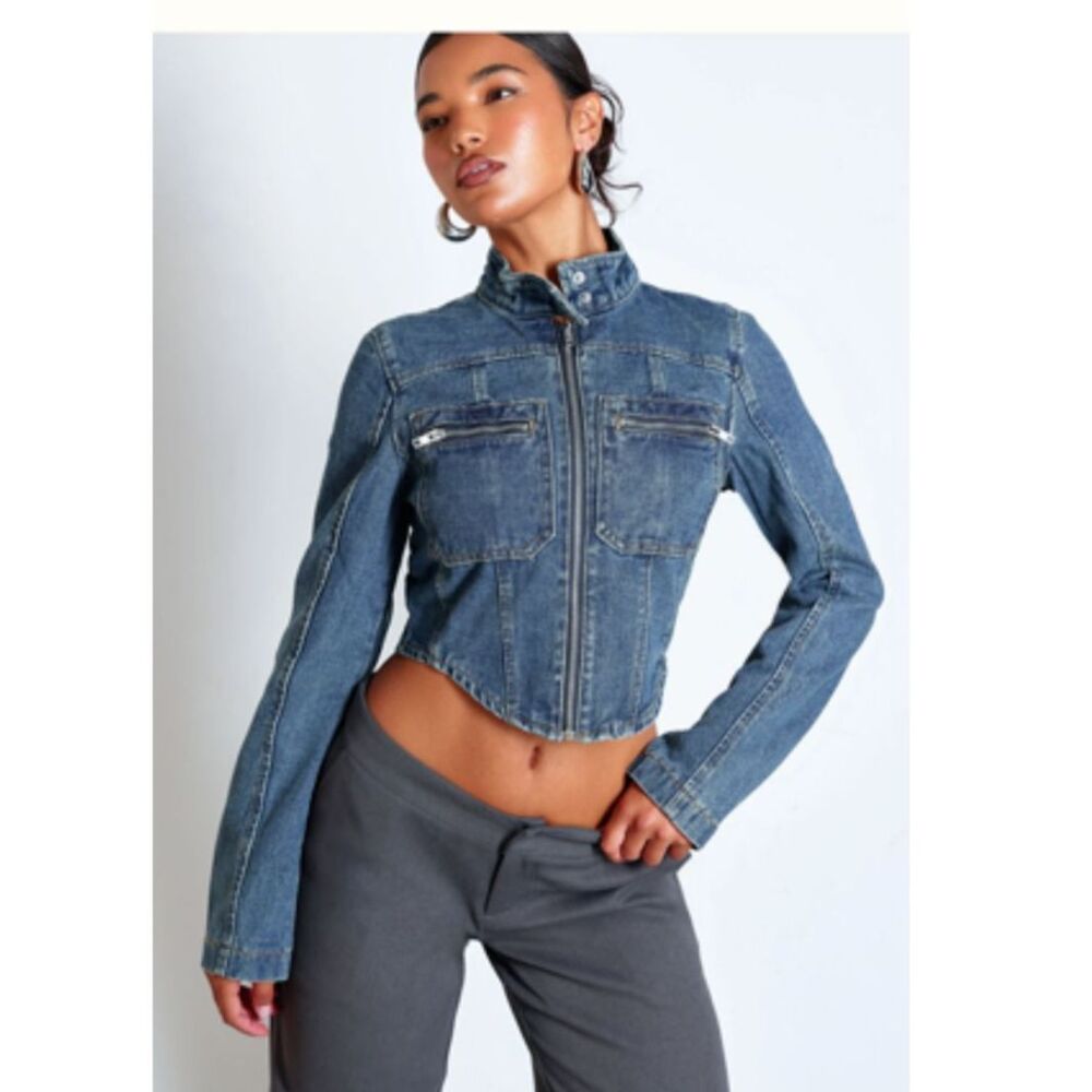 Pretty Little Things Womens 8 Indigo Wash Biker Detail Curved Hem Denim Jacket